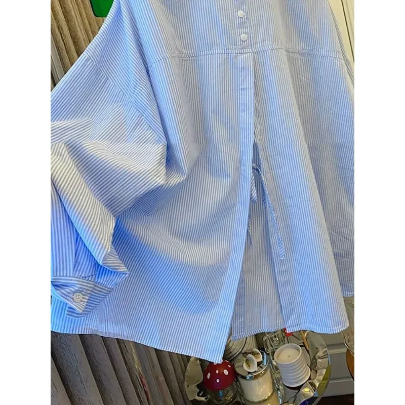 Fashionable Lazy Style Back Slit Striped Shirt Jacket Women's Autumn French Loose Chic Top