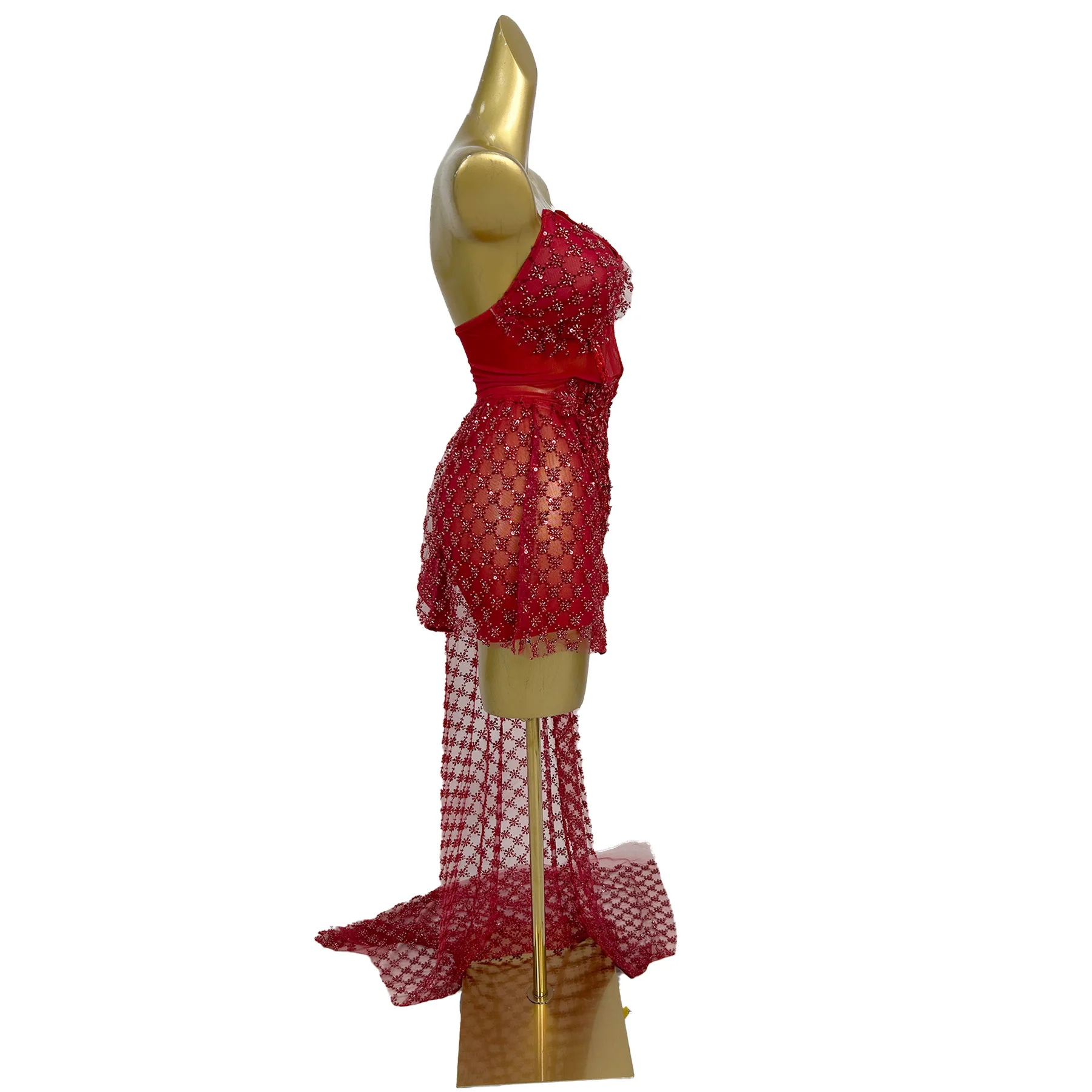 Sweetheart Red Sheer Mesh Neck Bodysuit Crystal Bodycon Mini Dress Asymmetric Trailing Train Singer Show Costume Gaoduanjinlin