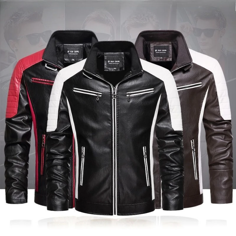 Men's Spring Autumn Color Blocked Leather Jacket Windproof Stand Up Collar Riding Suit PU Material for Motorcycle Cycling​