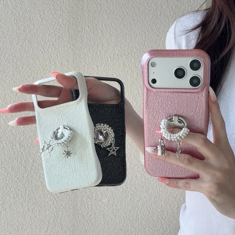 Luxury Glitter Leather Cute Pearl Ring Stand Phone Case For iPhone 17 Pro 14 15 16 Pro Max Back Cover Protective Cases For Girls