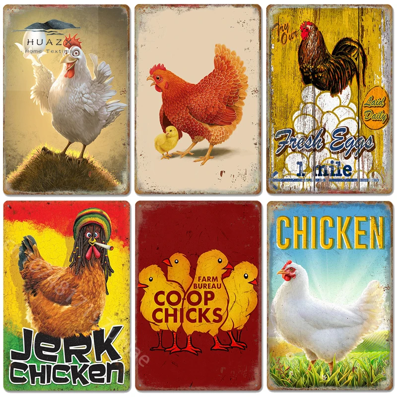 Vintage Jeek Chicken Poster Plates Rooster Hens Metal Tin Signs Retro Plaque for Bar Pub Farm Home Room Wall Decor Decoration