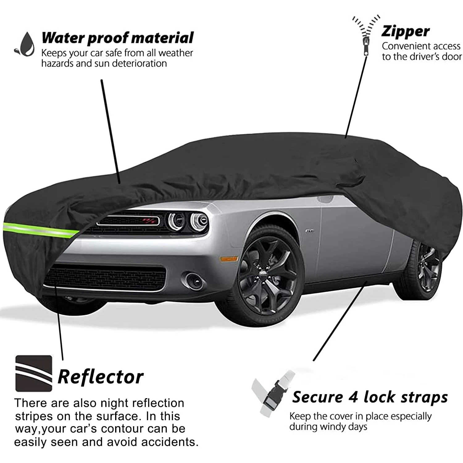 Waterproof Car Covers For 2008-2019 Dodge Challenger 190T Covers Waterproof Windproof Strap And Cab Zipper Up To 202”