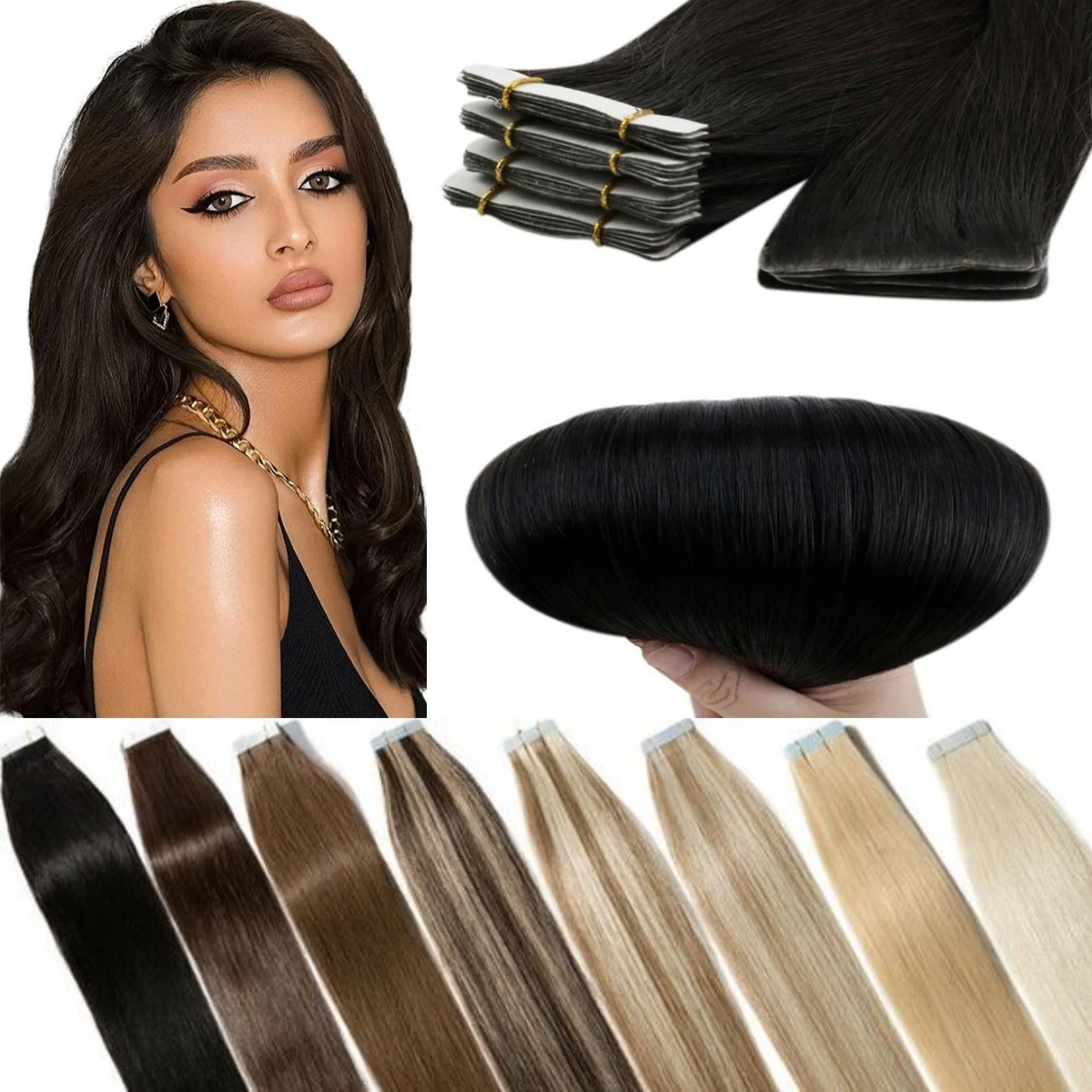 Extensions de Cheveux Brésiliens 100% Naturels Remy, Lisses, avec Bande Adhésive, Trame de Peau, 20 40 60 Pièces par Paquet, Document Naturel