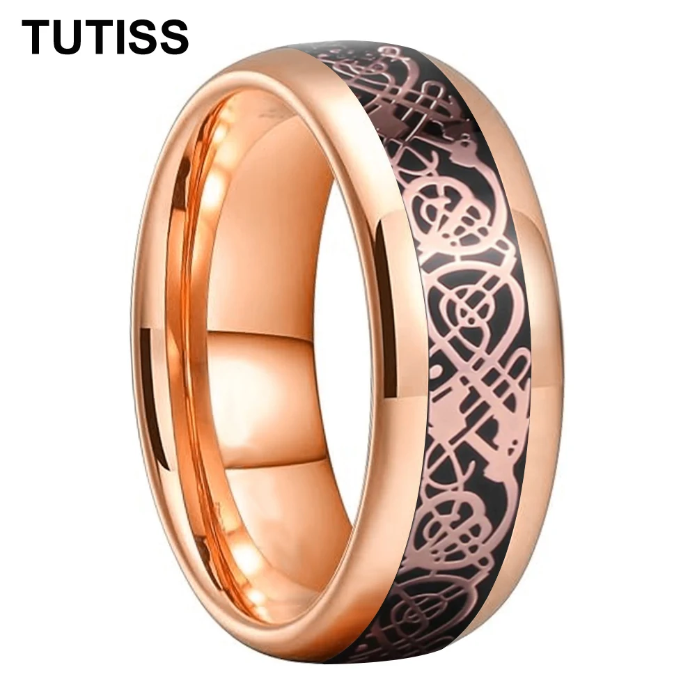 TUTISS 6/8mm Dome Polishing Carbon Fiber Rose Gold Dragon Inlay Tungsten Ring Men Women Engagement Wedding Band Comfort Fit