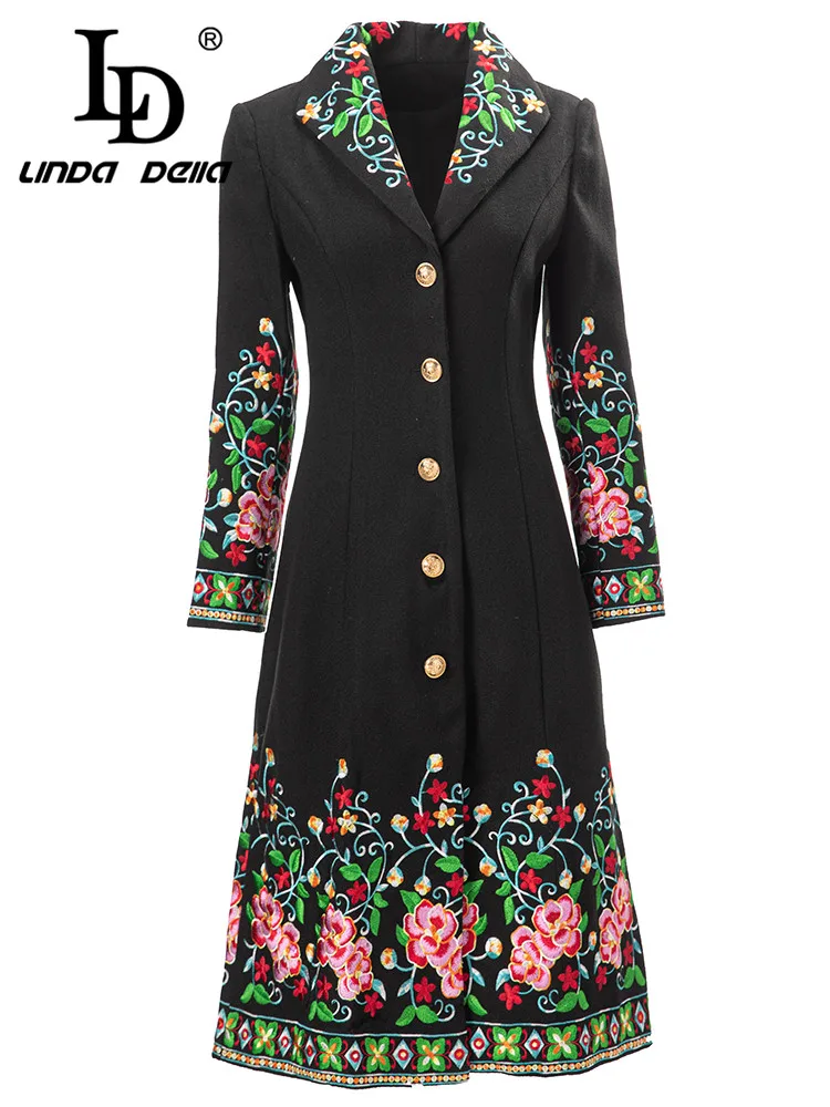 

LD LINDA DELLA 2023 Autumn and winter Vintage Coat Women's Black Extravagant Embroidery Single-breasted Pockets warm Coat