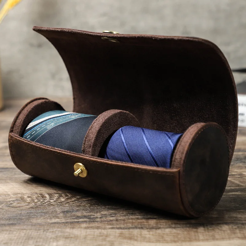 

Retro Stye Crazy Horse Leather Necktie Storage Box Travelling Portable Genuine Leather Ties Holder
