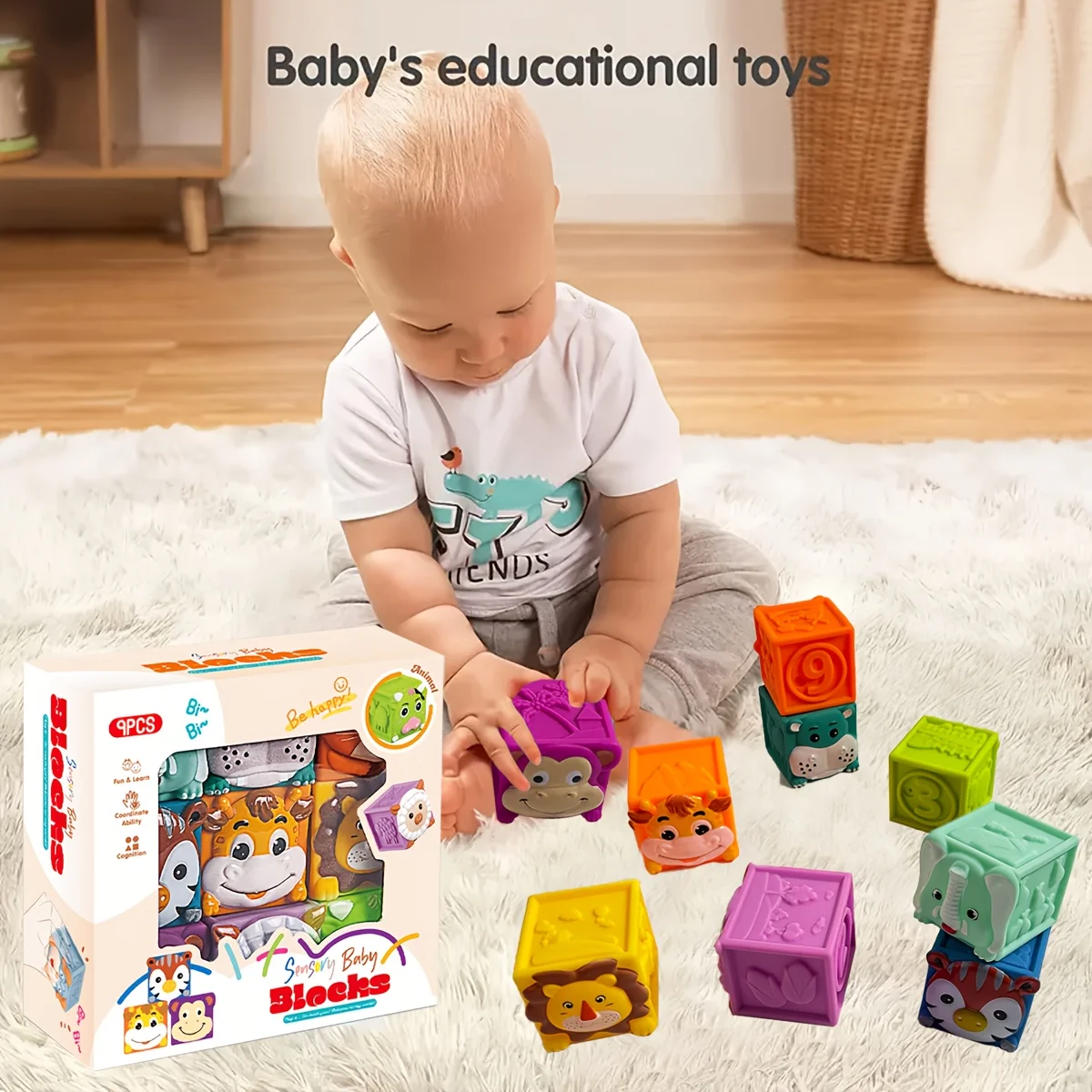 柔らかいゴム製の積み木、子供用パズルおもちゃ、赤ちゃんの積み重ね音楽、早期教育、動物の認知