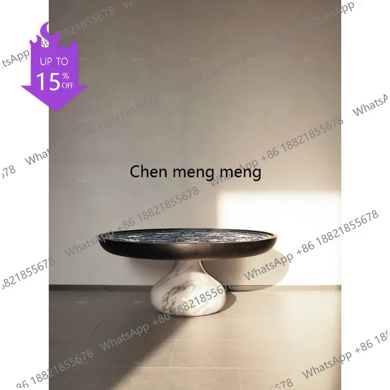 M45 French medieval solid wood blue and white porcelain coffee table living room household marble round coffee table