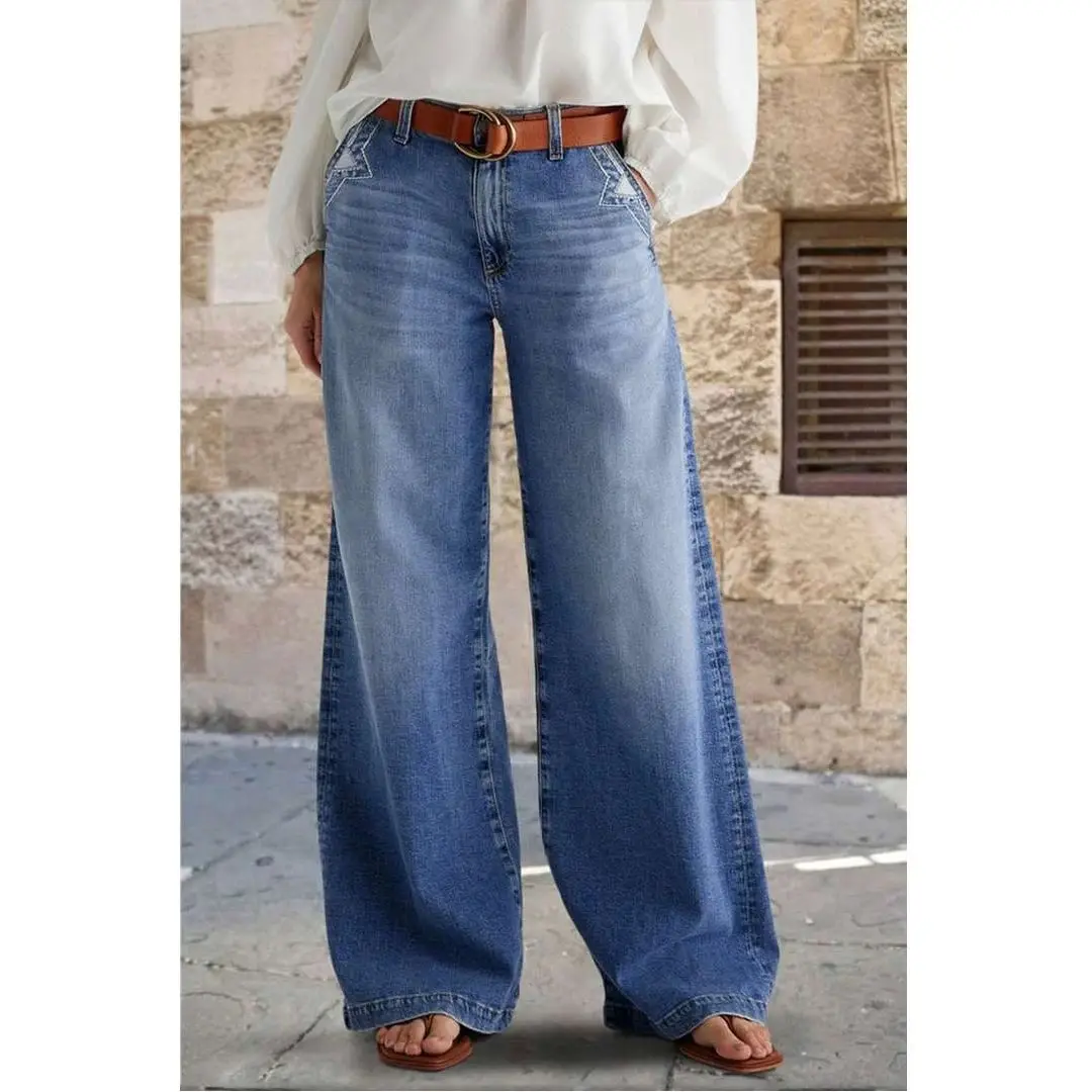 

Faion Casual Waed Wide Leg Jeans Women's Y2k Clothing S Size Elastic PU Fabric Ladies Jeans Casual High Waist Trousers