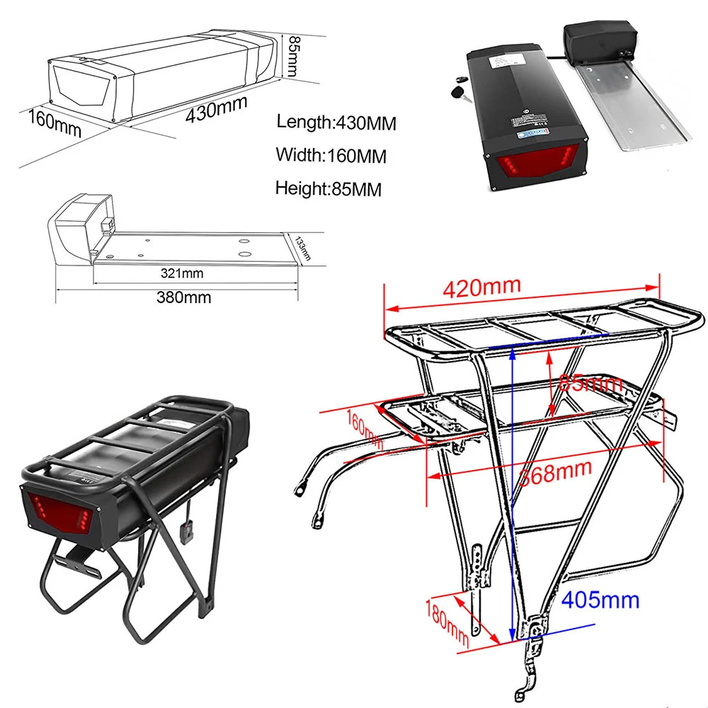 E Bike battery 48V 52V Rear Rack 17.5Ah 20Ah 22.4Ah Electric Bycicle 18650 Batteria for Ebike 1000W 750W 500W 350W 250W Motor