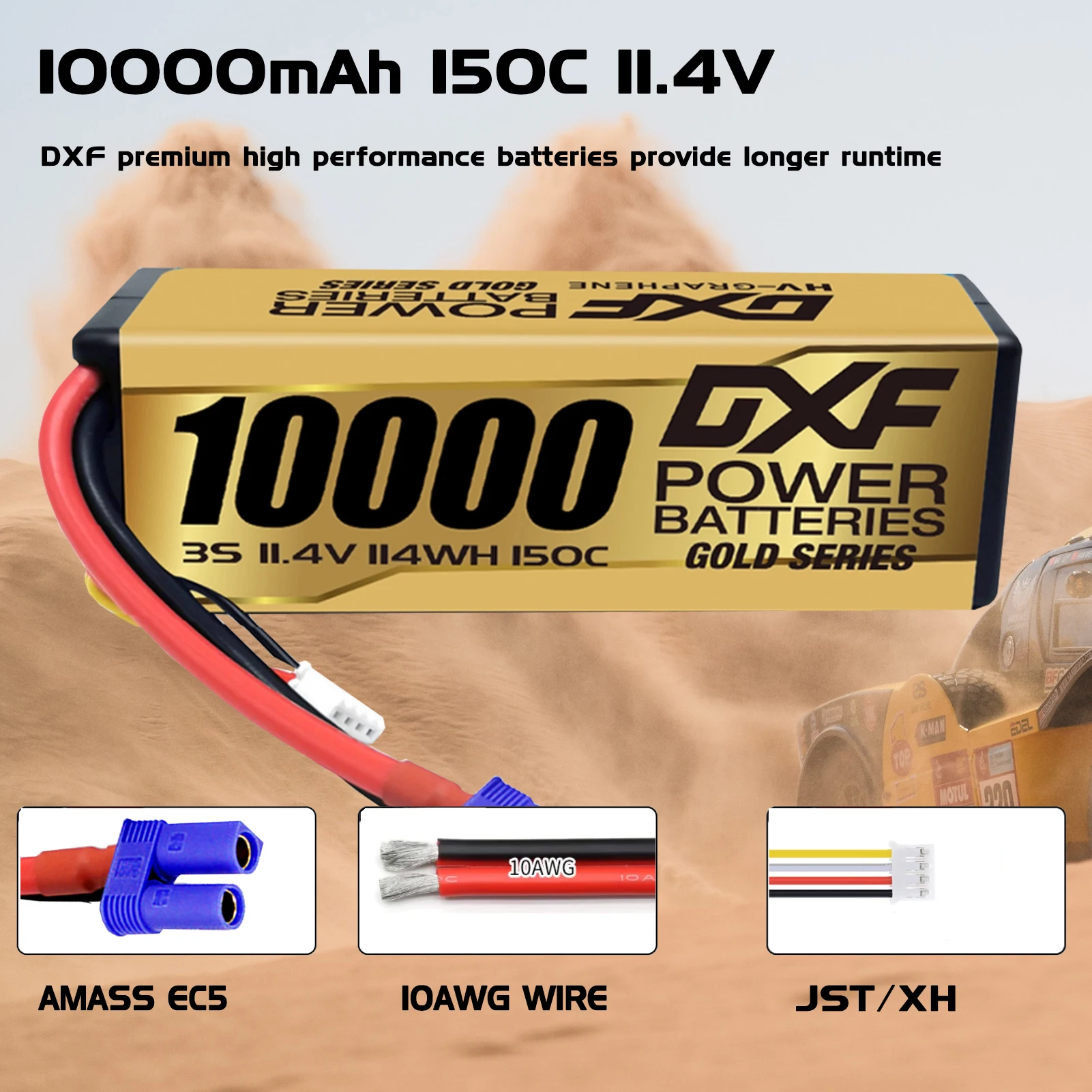 Akumulator Lipo DXF 10000mAh 3S 11.4V 150C z wtyczką EC5 XT90, twarda obudowa, do buggy, truggy, pojazdów terenowych, łodzi, samochodów, ciężarówek, wyścigów, helikopterów 1/10