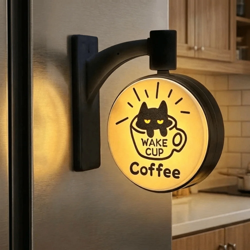 Magnetic Coffee Corner Light Sign Cartoon Cat Retro Glowing Cat Fridge Magnet Rotatable Soft Light Lamp Label Refrigerator Patch