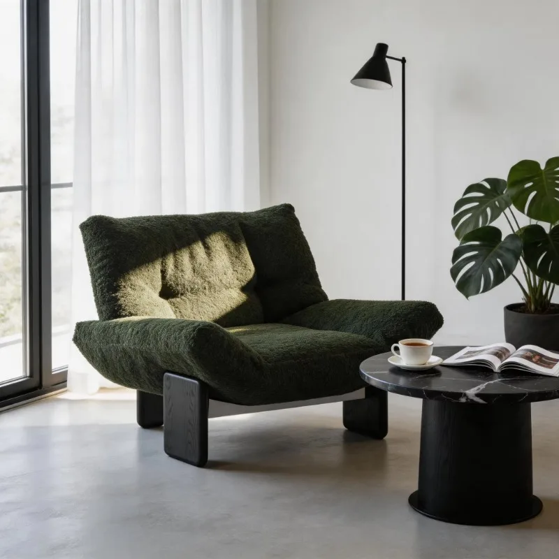 Modern green terry cloth armchair, solid wood leg single sofa chair with footrest, comfortable lounge chair