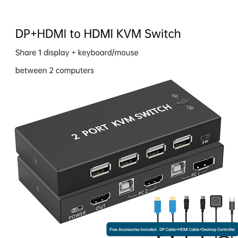 

2 Port KVM Switch DP HDMI Dual Monitor Sharing for PC Laptop DVR Control 2 Devices with 1 Keyboard Mouse Share USB Printer