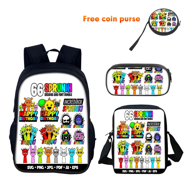 Sprunki การ์ตูนเด็กโรงเรียนกระเป๋าเป้สะพายหลังพร้อมกระเป๋าสะพายกระเป๋าดินสอโรงเรียนนักเรียนกระเป๋า Mochila สําหรับชายหญิงที่ดีที่สุดของขวัญ