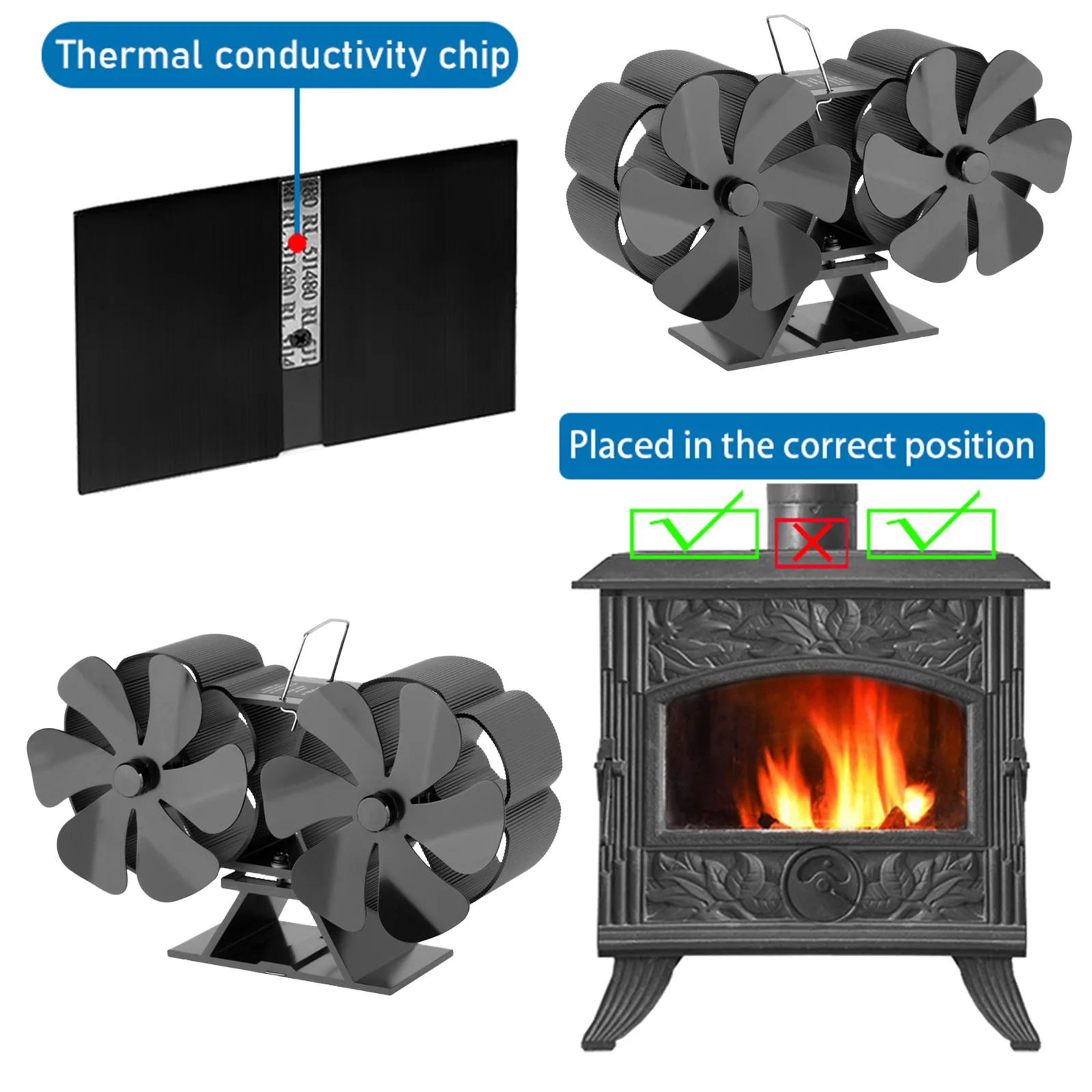 

New Arrive Fireplace Fan Stoves Accs Energy Efficient Heat Powered Thermal 12 Blades Double Head Fireplaces Parts