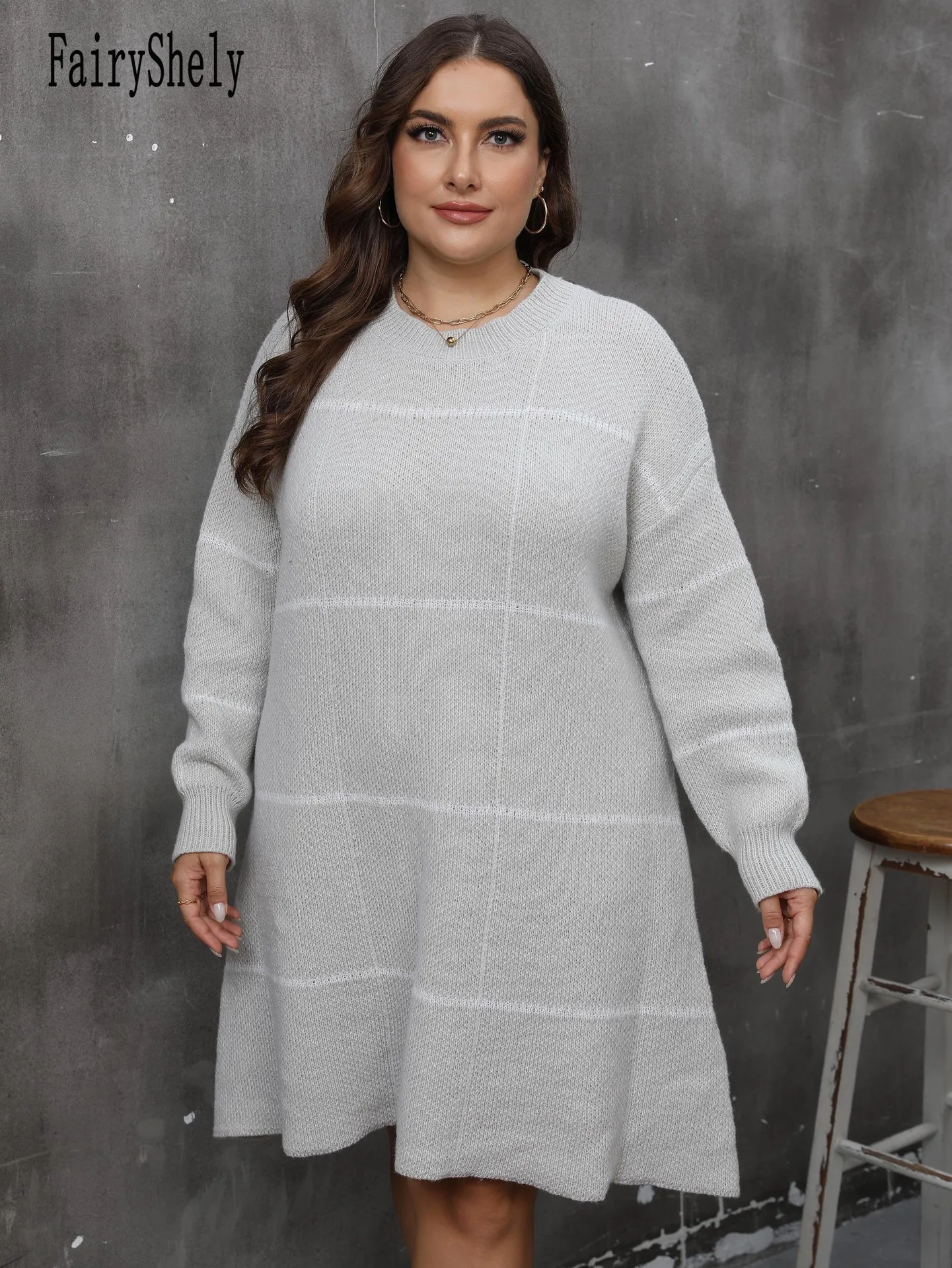 FairyShely 2025 Winter Plaid Plus Size Sweater Dress Women Long Sleeve Large Big Knitted Dresses Autumn Tight Curvy Warm Dress