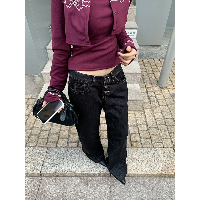 Benuynffy ريترو زر يطير منخفضة الارتفاع الجينز للنساء 2025 الخريف الشتاء موضة فضفاضة بنطال ذو قصة أرجل واسعة ملابس امرأة الشارع جديد #2