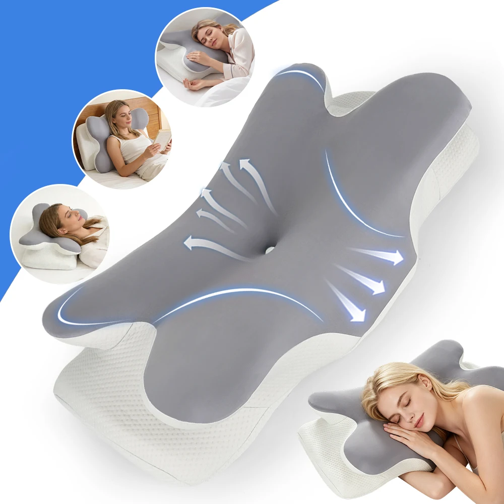 Oreillers en mousse à mémoire de forme en forme de papillon, oreiller cervical relaxant à récupération lente, soulagement de la douleur, oreiller orthopédique pour dormeurs sur le côté/dos/ventre