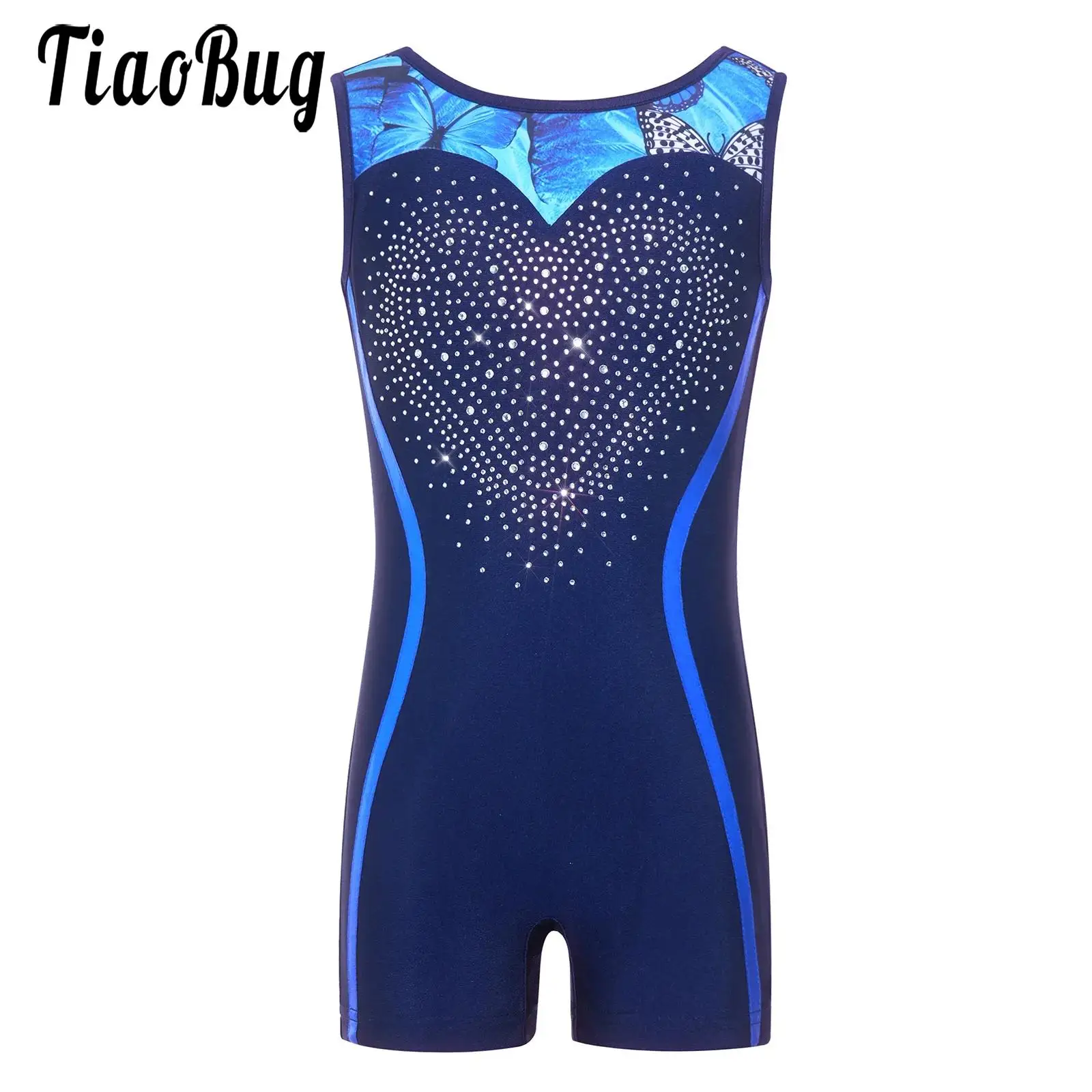 

Kids Girls Printed Leotards Rhythmic Gymnastics Performance Costume Sleeveless Rhinestones Dance Jumpsuit Ballet Sport Dancewear