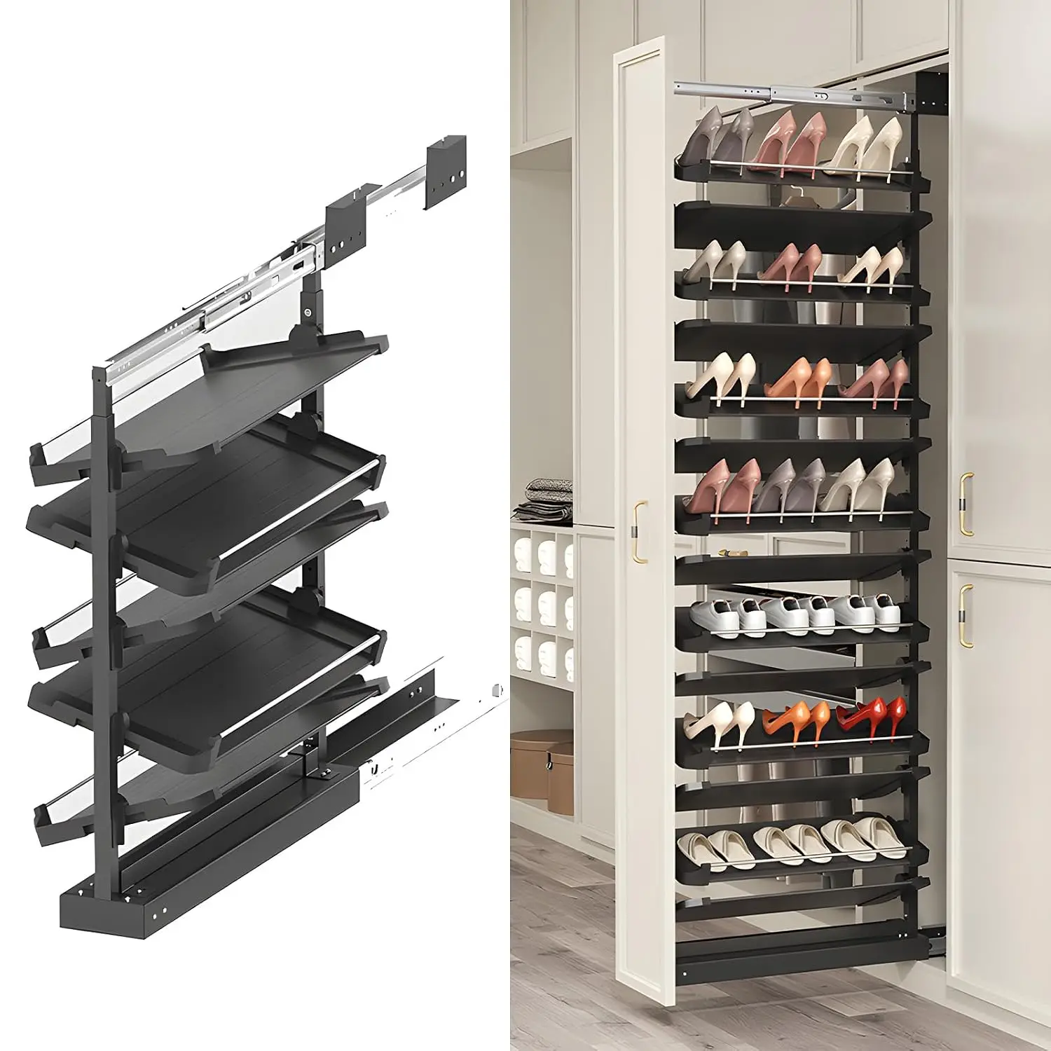 4-15 Tier Pull Out Shoe Rack, Vertical Organizer for Closet, Heavy Duty Slide Storage, Fits Depth 17.7