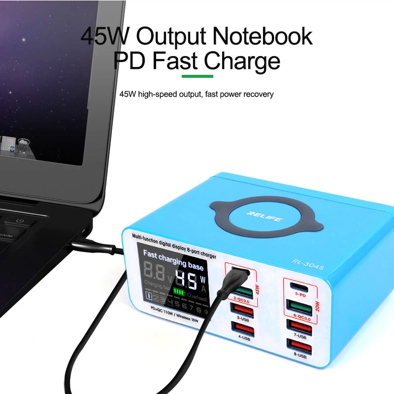 RELIFE RL-304S AC100-240V 8 Port USB szybka ładowarka wsparcie QC3.0 + PD bezprzewodowe ładowanie dla iPhone Samsung Huawei telefon Repair Tool