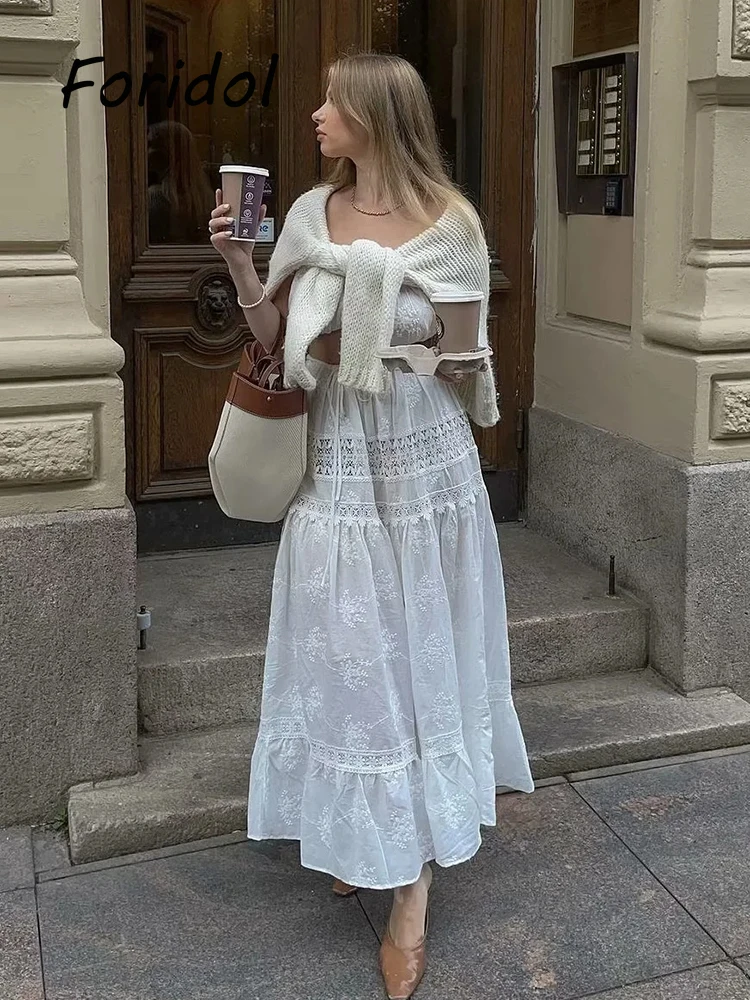 Schulter freie Vintage weiße Spitze langes Kleid Frauen zweiteilig passende Sets Sommer Midi Kleid Strand Boho Stil Vestidos Feminino