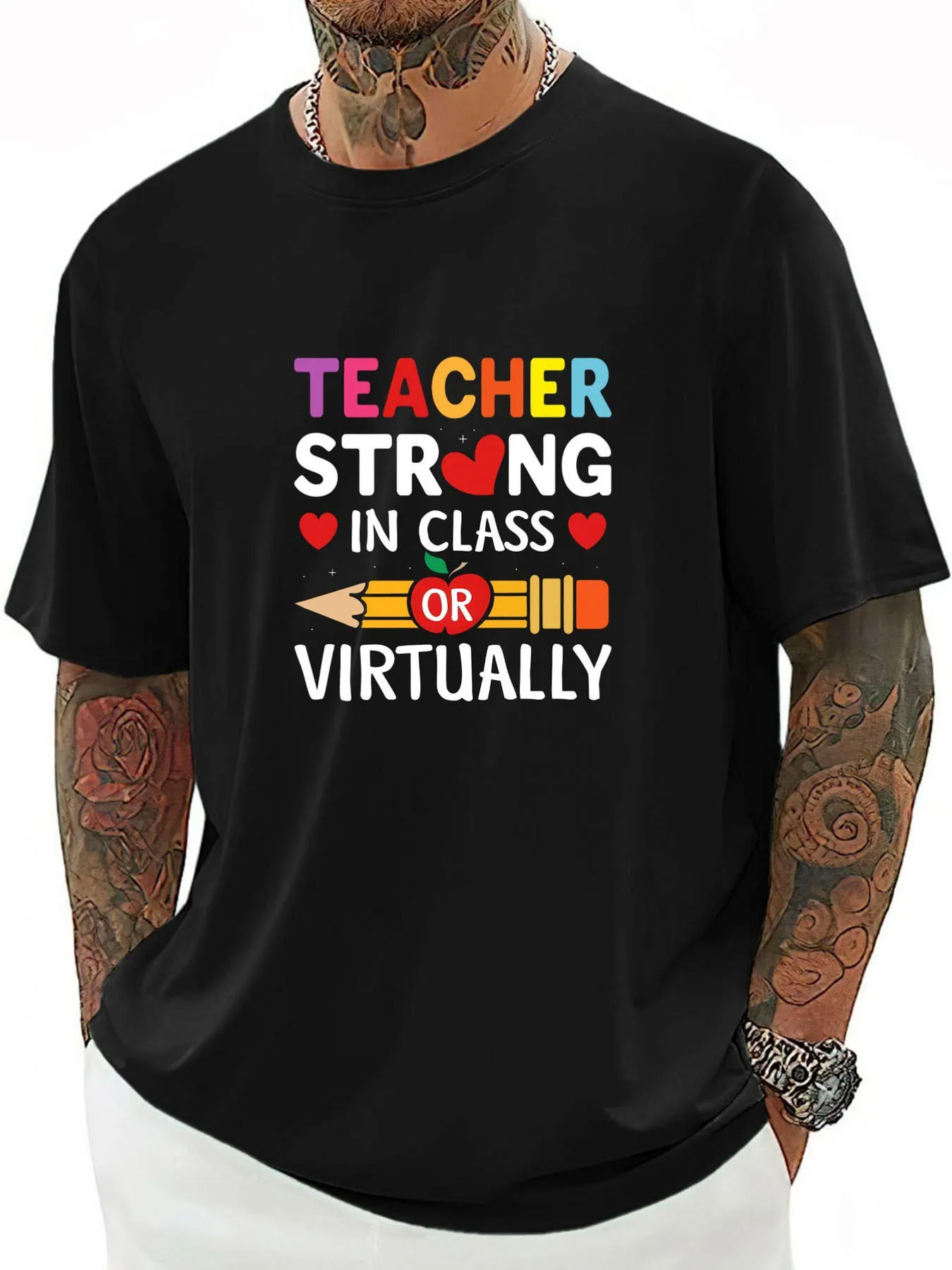 Trendy Men's Black Graphic T-Shirt Teacher Strong in Class or Virtually Colorful Pencil Heart Bold Letter Print 100% Cotton Heavyweight Short Sleeve Casual Streetwear Tee