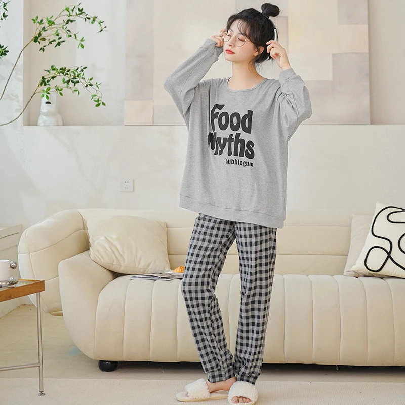 Hàng Mới Về Mùa Xuân 100% Cotton Hoạt Hình Dài Tay Nữ Pyjamas Cổ Tròn Dáng Rộng M-5XL Bộ Đồ Ngủ Nữ Bộ