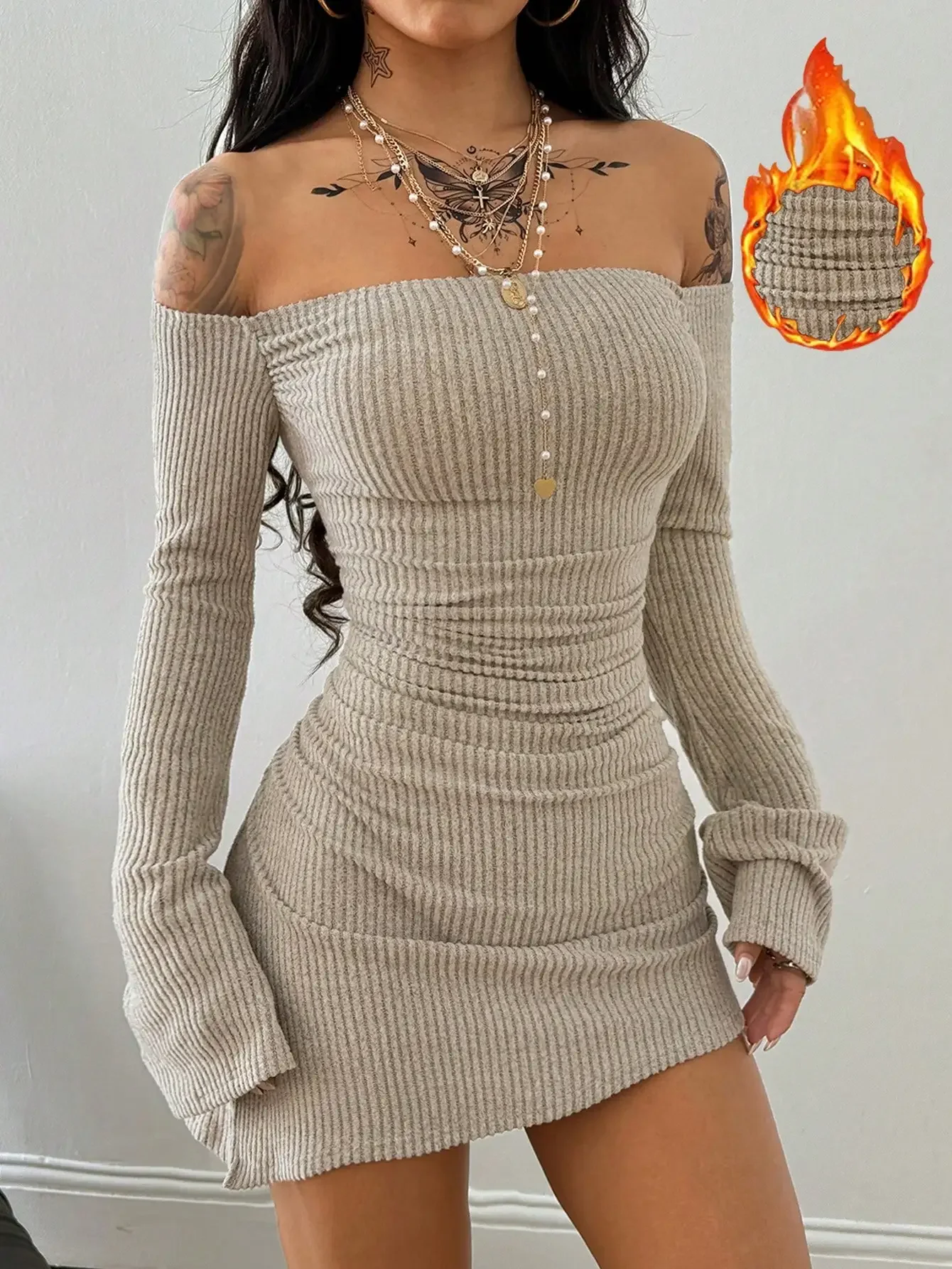 Elegant Solid Color Knitted Off-shoulder Slim - Image 4