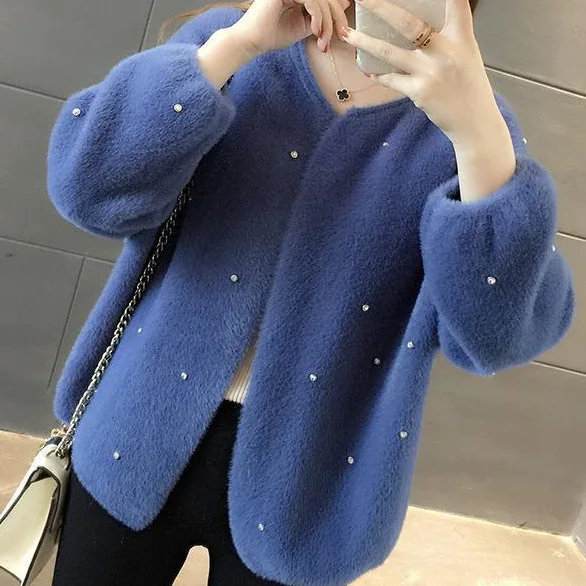 2023 Early Autumn New Fashionable Diamond Inlaid Mink Fur Coat, Women's Western-Style Versatile Shawl Sweater, Cardigan Top,