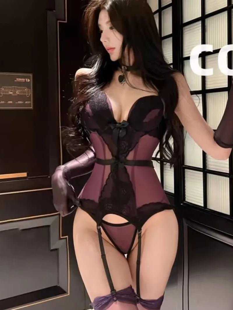 Sexy Sister Fishbone Bra Women's Bodysuits Lace Mesh Waist Backless Deep V Suspenders Sleeveless Transparent Mesh Bodysuits ENPJ