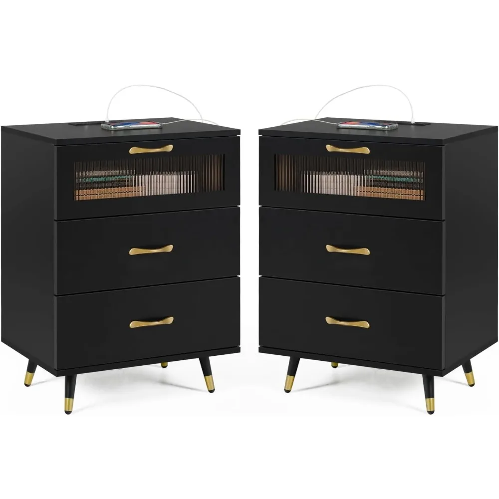 

3 Drawer Nightstand Set of 2 Black Modern Nightstands with USB Charge, Glass Door, Gold Leg and Handle