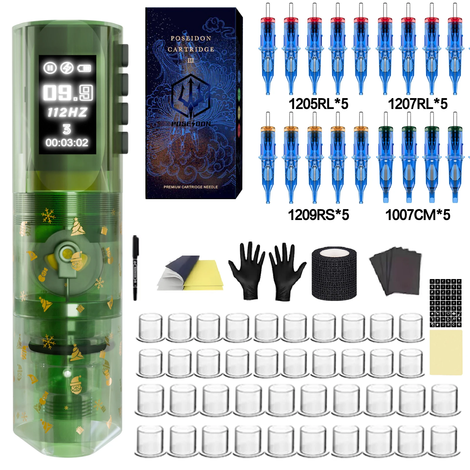 Christmas Tattoo Kit POSEIDON New Tattoo Pen Kit For Permanent Makeup Tattoo Machine Kit Wireless Tattoo Power Supply Tattoo Gun