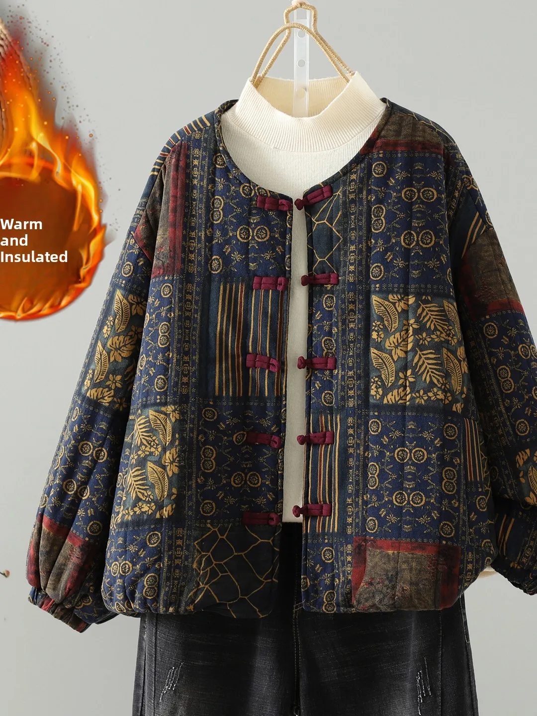 Women's Retro Ethnic Print Button up round Neck Loose Short Cotton Jacket Thickened Winter Coat Comfortable Cotton Blend