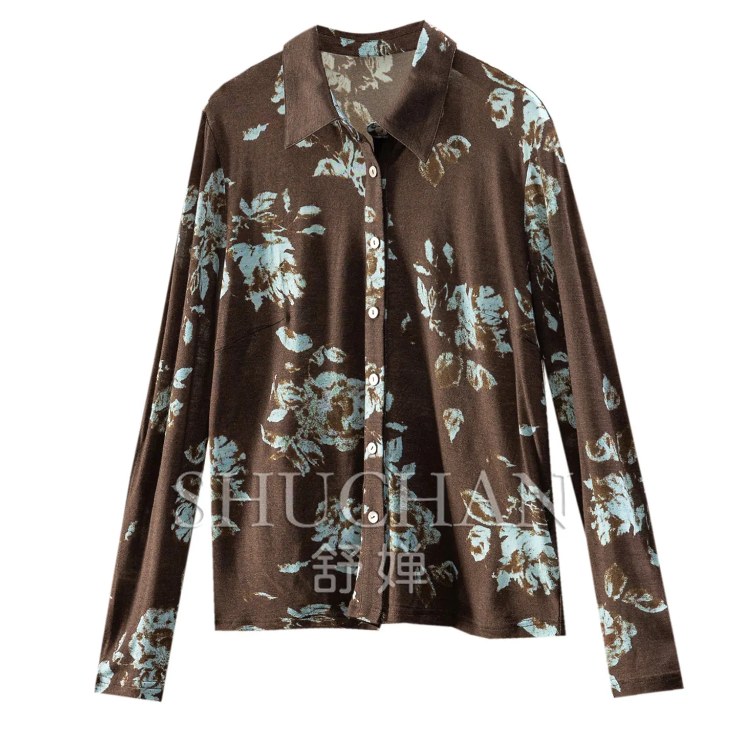 Soft Waxy 100% Wool Knitted Long-sleeved Printed Shirt T-shirt Women E114 Blusas Femininas Elegantes