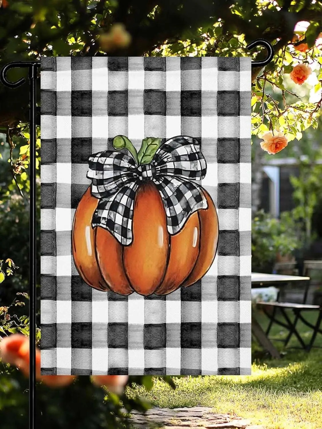 Fall Orange Pumpkin Garden Flag Black White Buffalo Plaid Garden Flags for Outside 12x18 Double Sided for Outside Yard Lawn  LLG