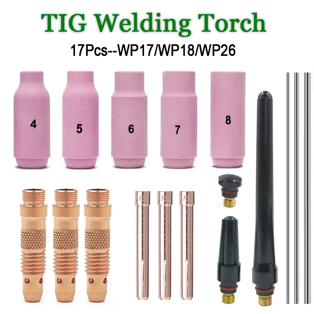 Consumible de antorcha de soldadura TIG de argón, 17 piezas, 1,6mm/2,4mm/3,2mm, electrodos de tungsteno, cuerpo de pinza, boquilla de alúmina, tapa trasera para WP17/18/26