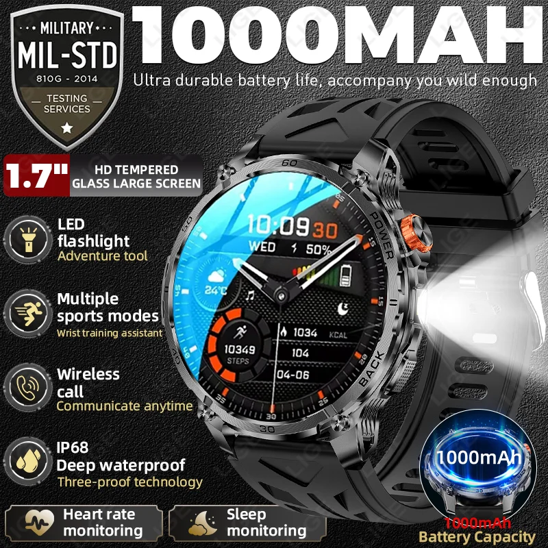 

Смарт-часы LIGE 2026 для мужчин, новые, с аккумулятором 1000 мАч, LED-фонариком, пульсометром, Bluetooth-вызовами, спортивным фитнес-трекером, 1,7-дюймовым HD-экраном