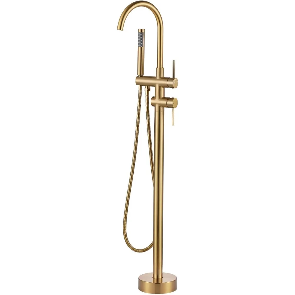 

Floor-Mounted Brushed Gold Tub Filler Faucet with Single Handheld Shower for Bathroom