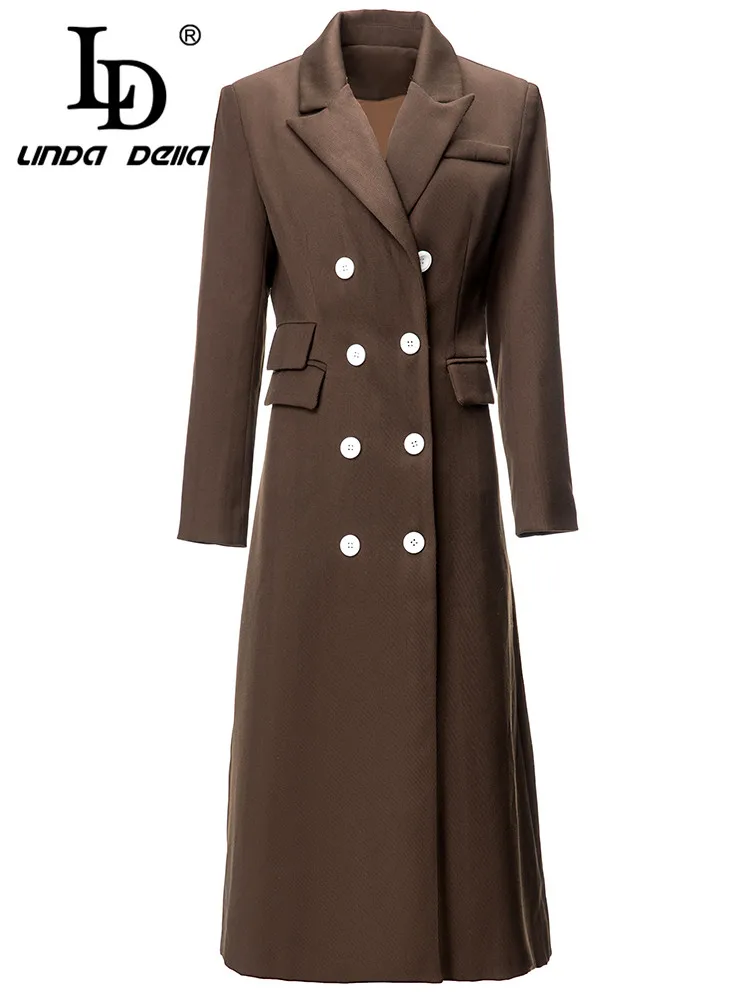 

LD LINDA DELLA Autumn and winter New Style Vintage Coat Women's Lapel Double-breasted multi-pocket Warm Long Coat