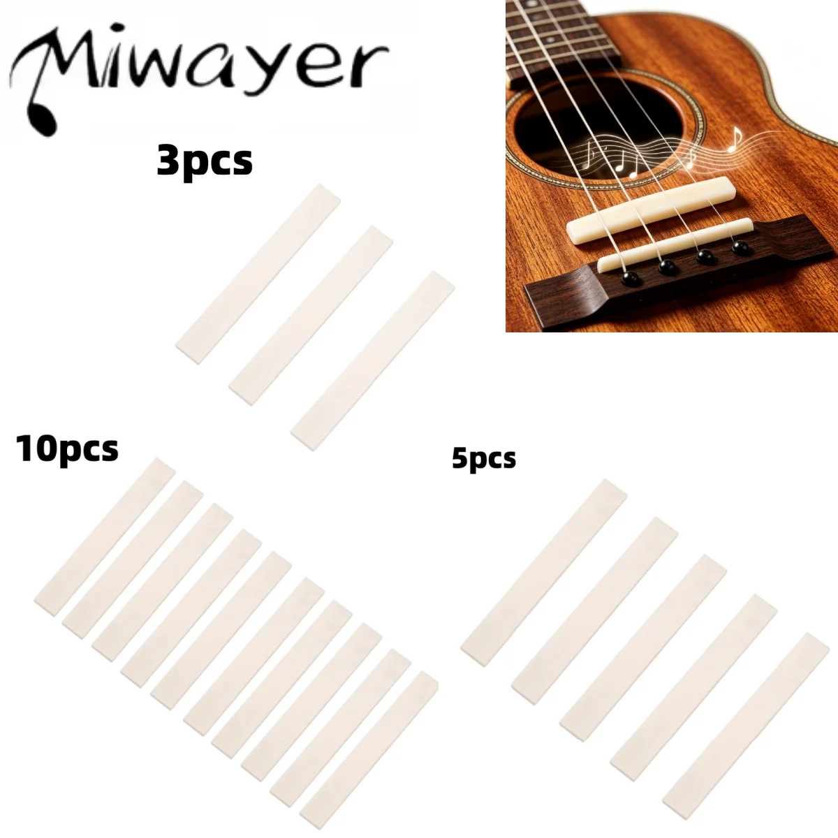 Miwayer 3/5/10 Peças Selim de Ponte de Guitarra Branco, Osso de Búfalo em Branco Sem Ranhuras para Guitarra Acústica, Clássica, Bandolim, Banjo, Ukulele