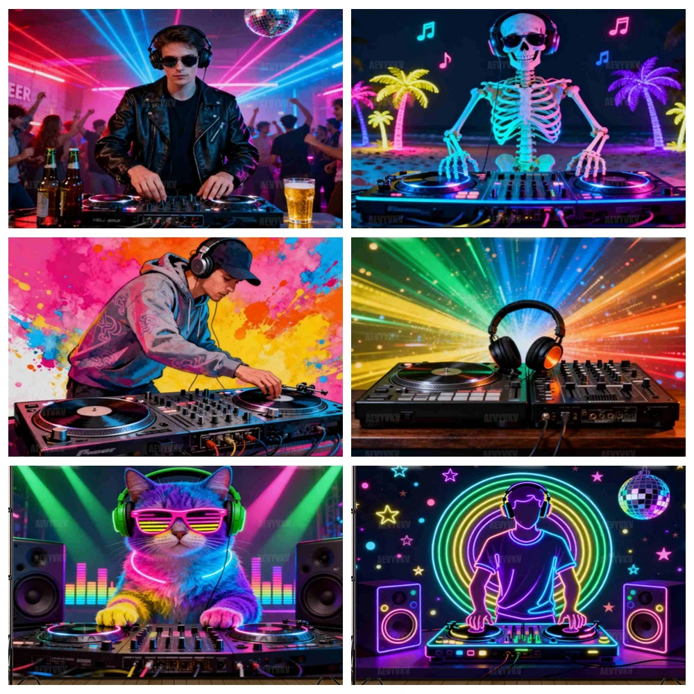 

Neon DJ Skull Beach Party Backdrop with Disco Ball and Headphones for Music Festival Photo Booth Background Night Club Decor