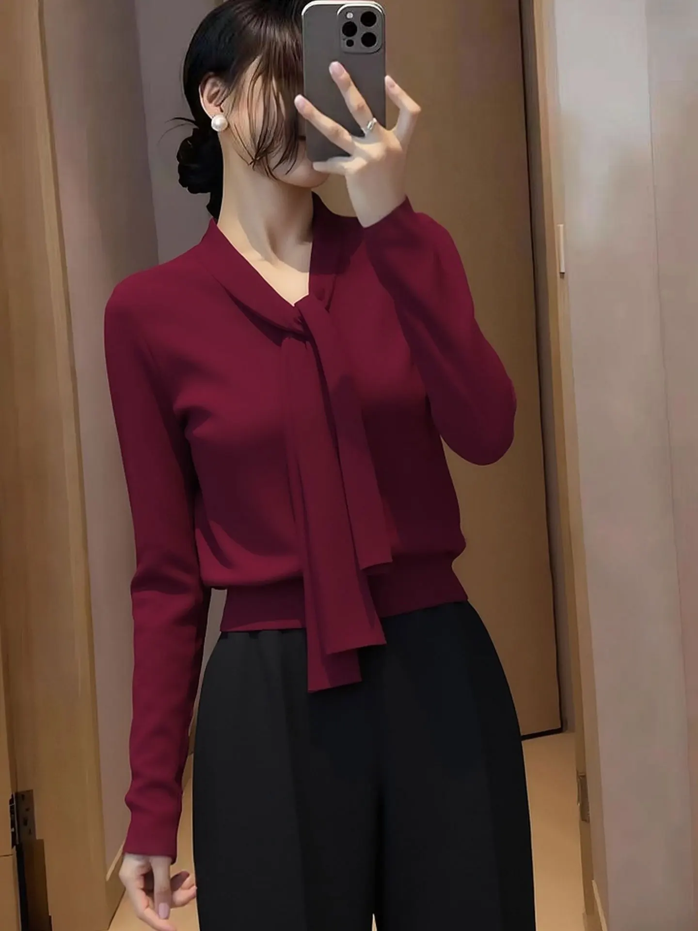 

Cherry Red Long Sve Knitted irt Women's Faionable Base irt Spring Commute Warmth Balanced Regular Fit Korean Sle