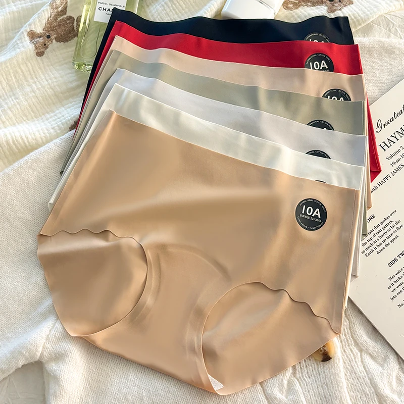 3pcs Femme Ultra Thin Ice Silk Panties Seamless Women's Summer Breathable Large Size Brief Middle Waist Elastic Invisible Solid