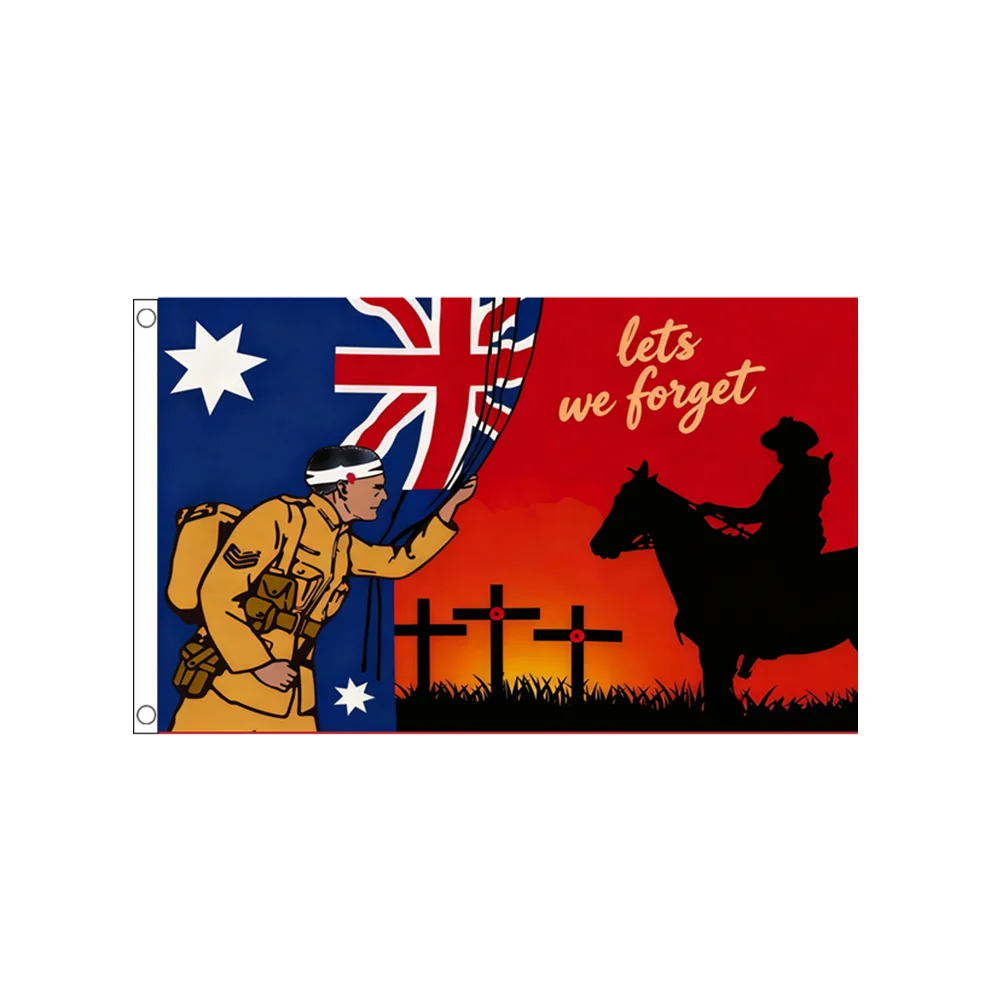 Australian ANZAC Day Memorial Flag 'Lest We Forget' 2x3ft 3x5ft - Soldier Crosses Polyester Banner for Indoor Outdoor Decor