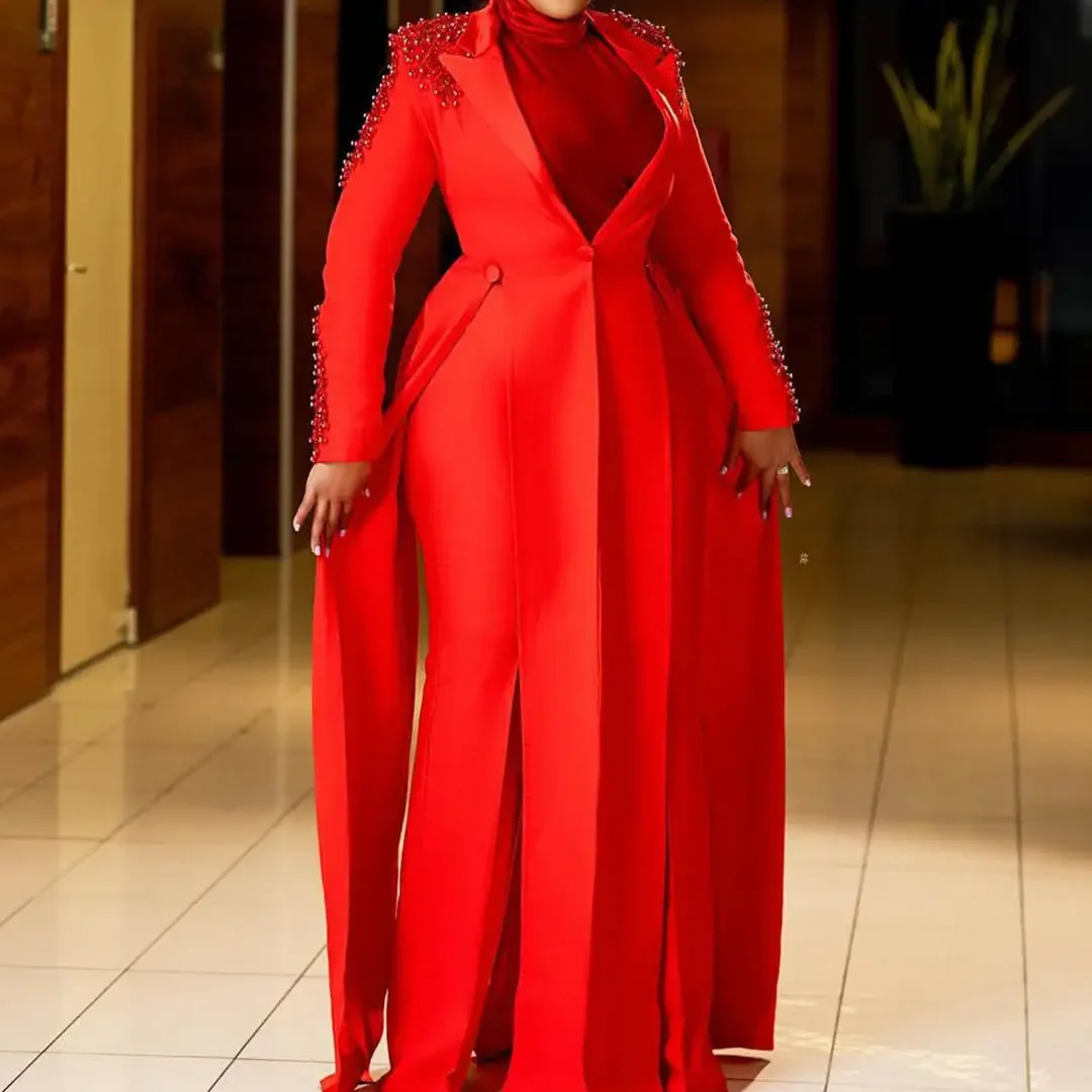 パールビーズVネックジャケットプロム誕生日パーティーイブニングゲストプラスサイズレッドロングブレザードレスフォーマルウェアカスタムメイド