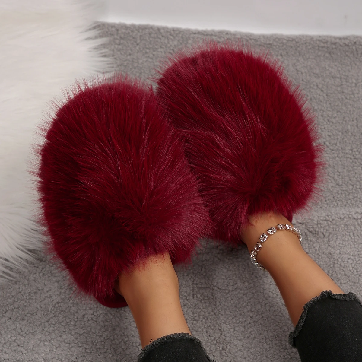 2026 Winter Women Fluffy Faux Fur Baotou Flat Slippers Indoor Warm House Slipper Fashion Female Floor Cotton Slides Home Shoes - view 5