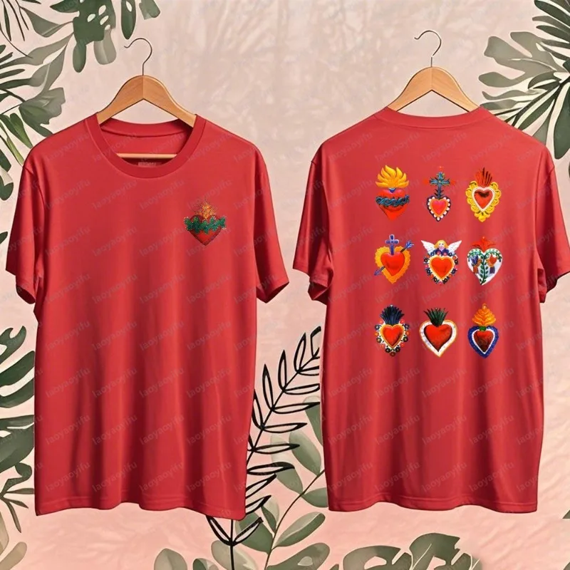 T-Shirt mit mexikanischem Sacred Hearts-Print, doppelseitiges rotes Baumwoll-T-Shirt, Volkskunst, lässiges, kurzärmliges Streetwear-Oberteil im Bohemian-Retro-Stil