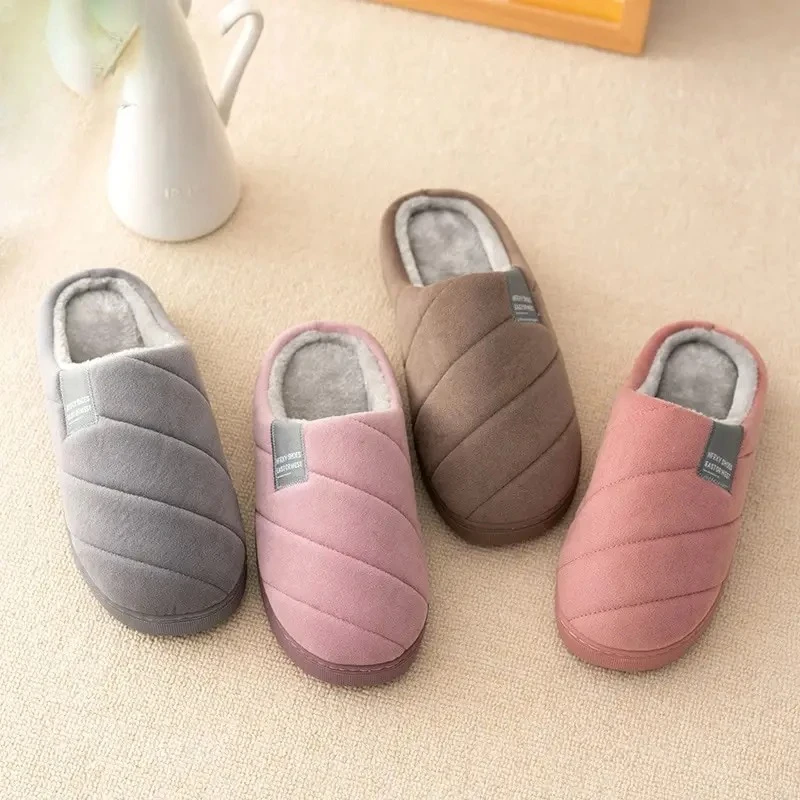 

Winter Warm Plush Lining Slippers Women Home Slipper Striped Indoor Bedroom Platform Slides Male Female House Shoes